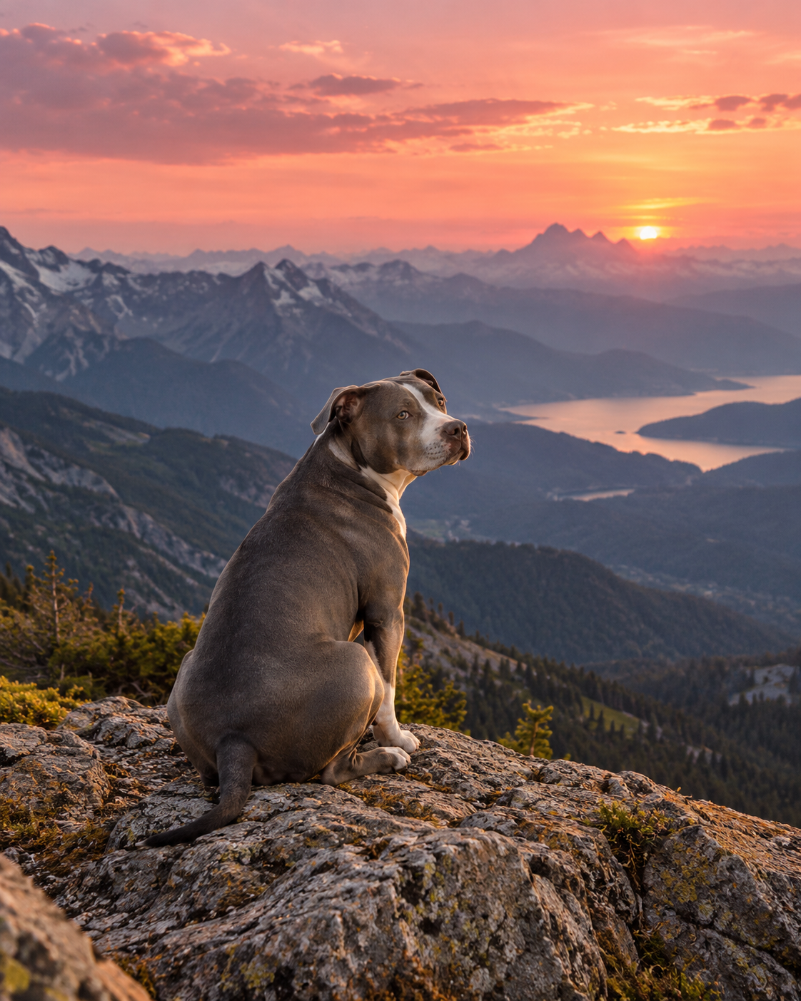 A gray and white pit bull with natural ears sitting on a rocky overlook above realistic mountains at a pink sunset